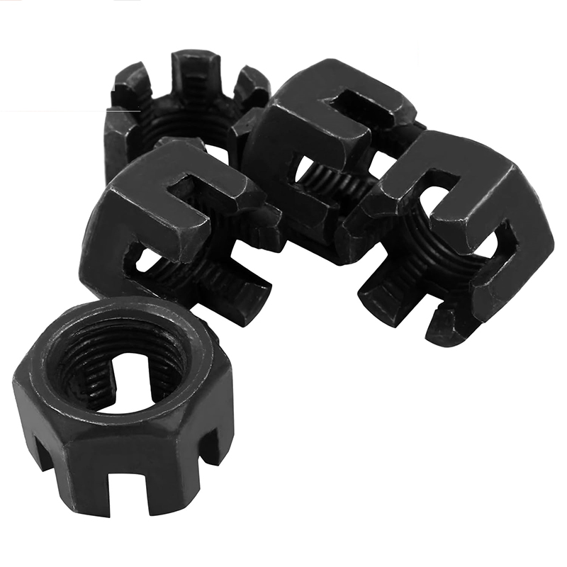 Tuerca castillo ranurada de óxido negro de acero al carbono M16×1,5 grado 4,8 DIN 935 Tuerca castillo ranurada de óxido negro de acero al carbono M16×1,5 grado 4,8 DIN 935