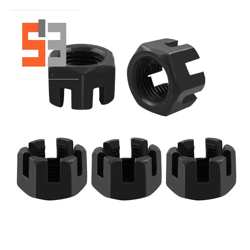 Tuerca castillo ranurada de óxido negro de acero al carbono M16×1,5 grado 4,8 DIN 935 Tuerca castillo ranurada de óxido negro de acero al carbono M16×1,5 grado 4,8 DIN 935
