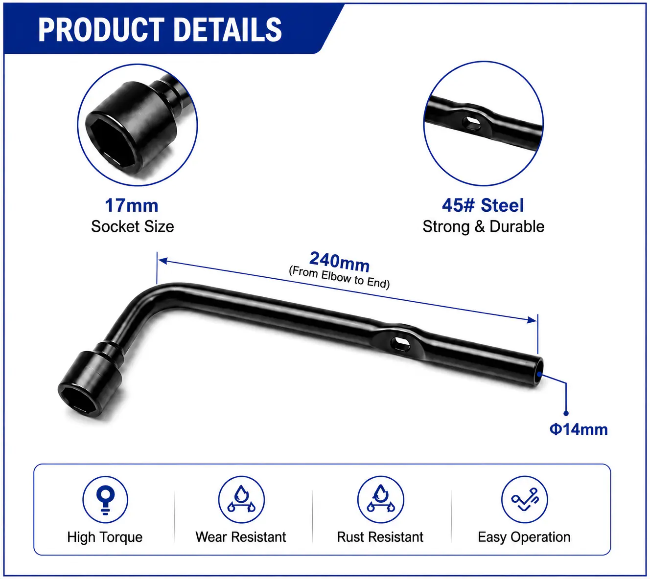 High Carbon Steel Black Oxide Coated L‑Shape Tire Wrench